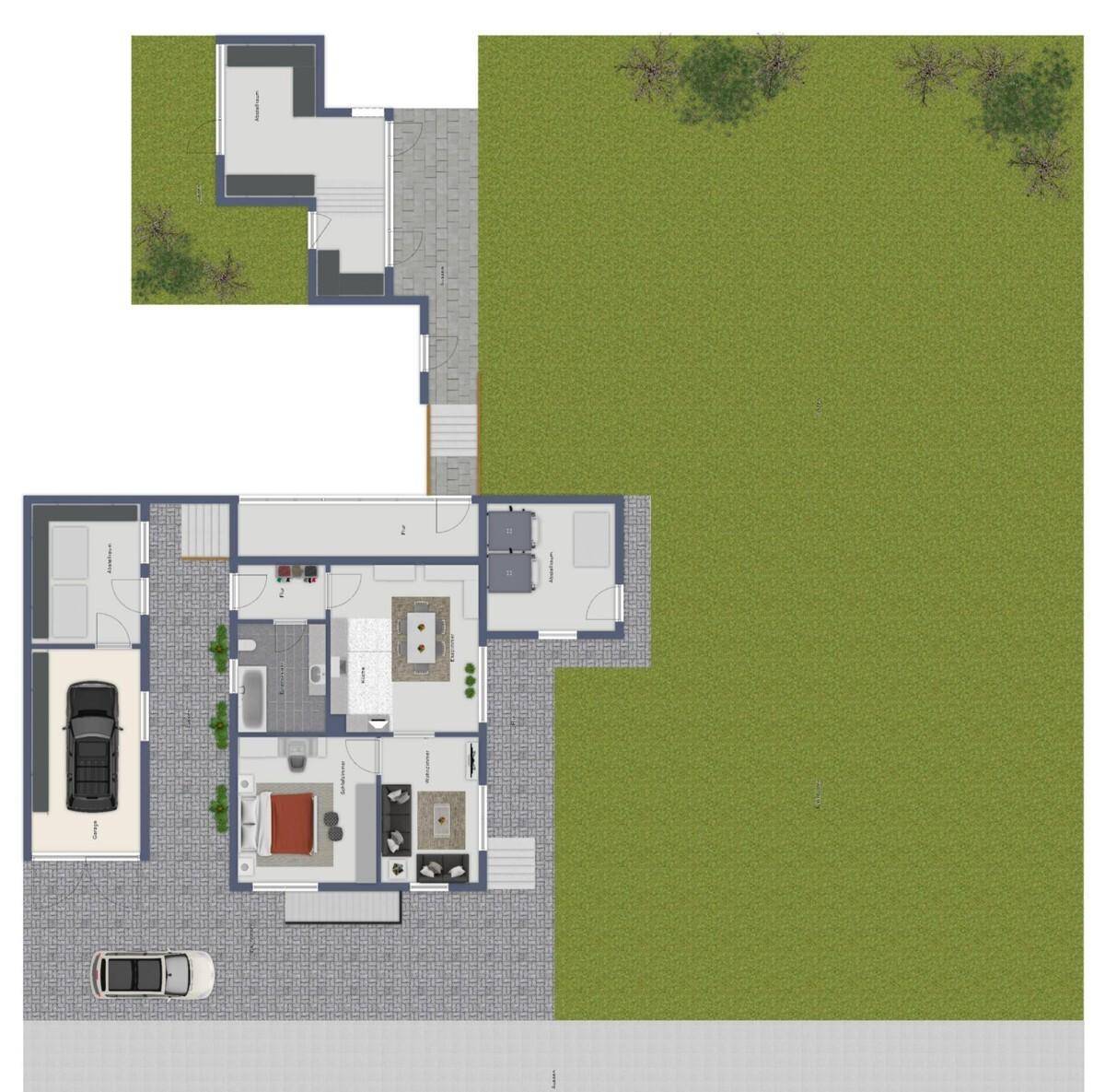 Grundriss des Erdgeschosses mit Garage, Wohnbereich und großem Garten.