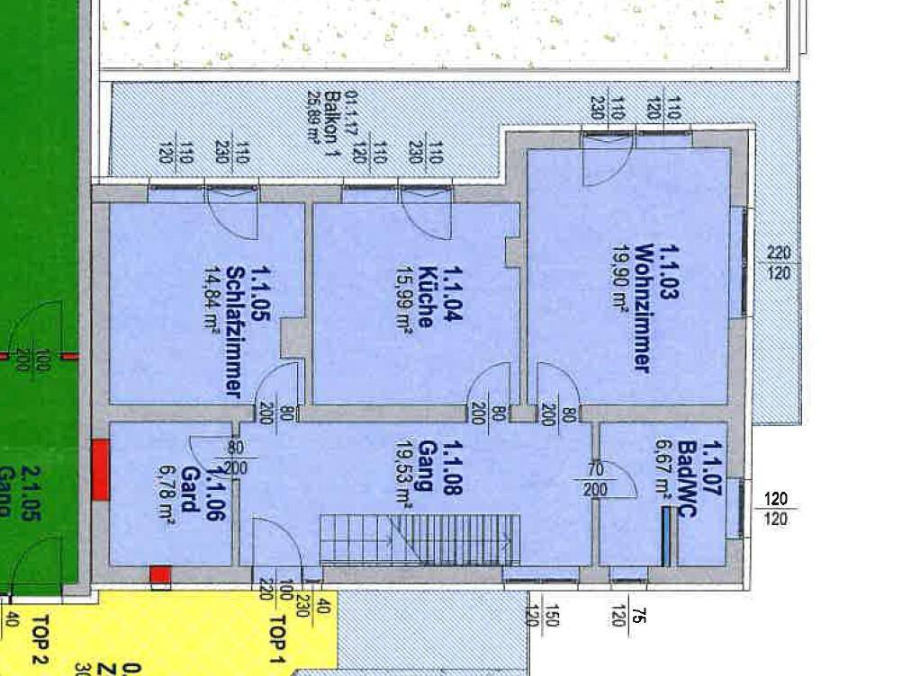 Grundriss des ersten Obergeschosses mit Wohnzimmer, Küche, Schlafzimmer und Balkon.