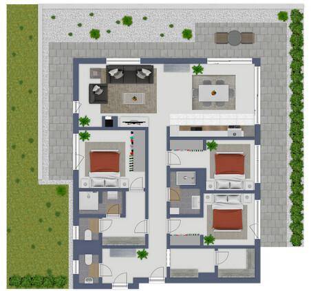 Detaillierter Grundriss einer modernen Wohnung mit offener Raumaufteilung, Terrasse und Gartenbereich.