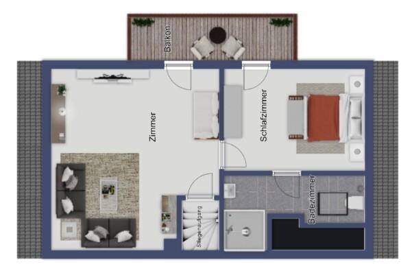 Grundriss des Obergeschosses mit Zimmern, Badezimmer und einem zugänglichen Balkon.