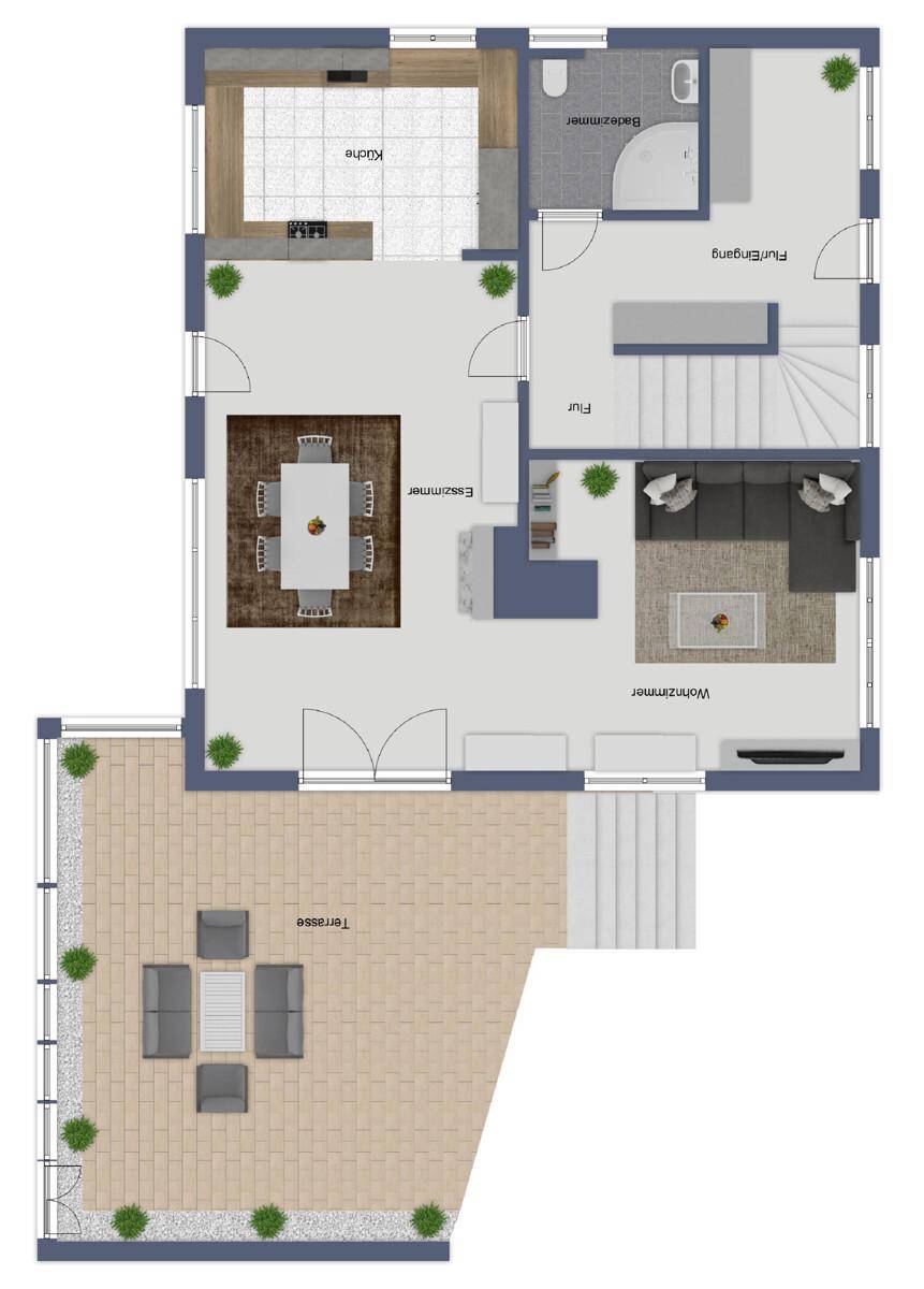 Grundriss des Erdgeschosses mit offener Küche, Esszimmer, Wohnzimmer und großer Terrasse.