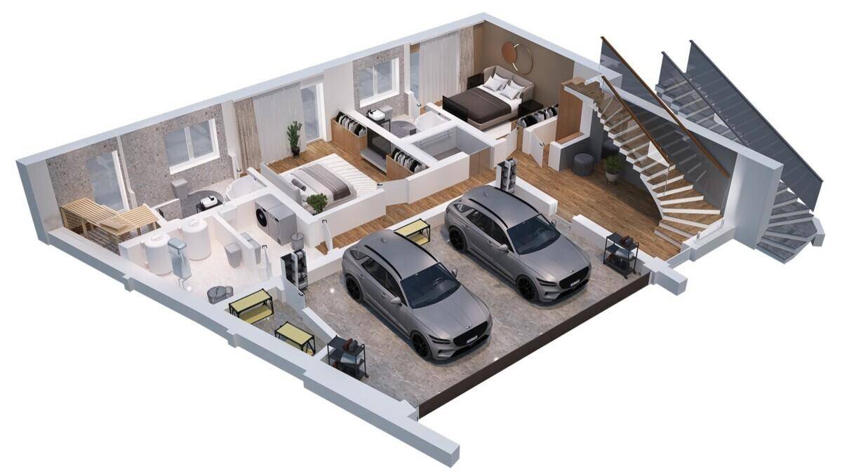 3D-Visualisierung des Erdgeschosses mit Doppelgarage, Schlafzimmern und Bädern.