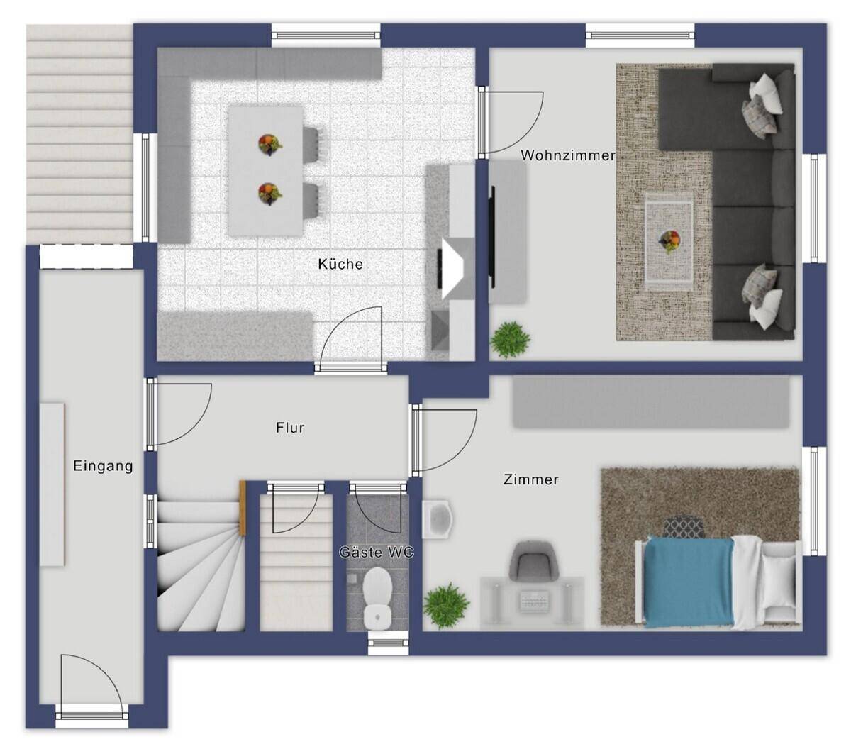 Grundriss des Erdgeschosses mit Küche, Wohnzimmer, Schlafzimmer und Gäste-WC.