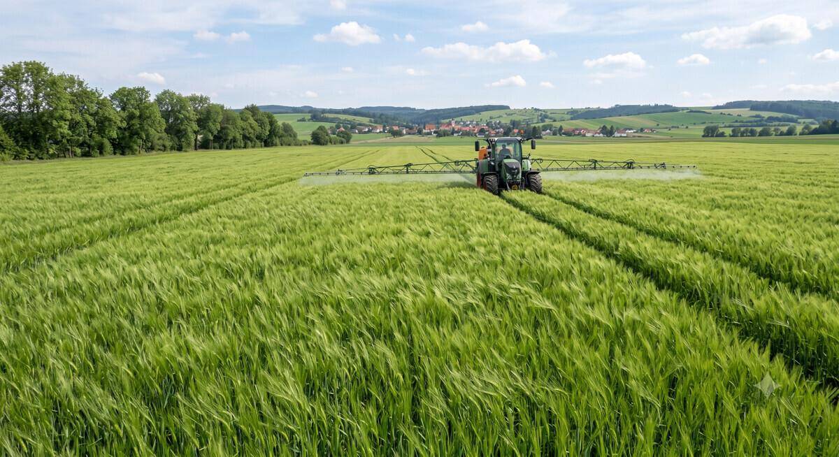 Ein Mann im Anzug mit Cowboyhut steht vor einem grünen Feld, auf dem ein Traktor spritzt.