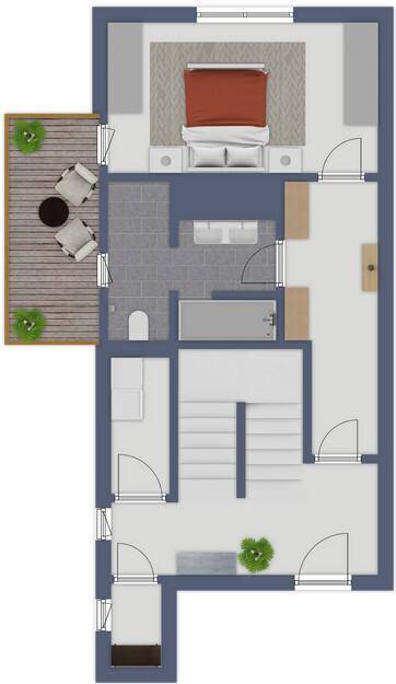 Grundriss des Untergeschosses mit Schlafzimmer, Badezimmer und kleinem Balkon.