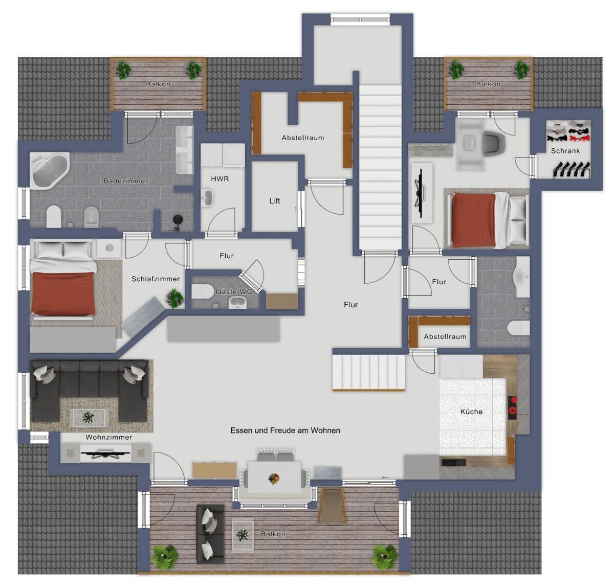 Detaillierter Grundriss einer Wohnung mit mehreren Zimmern, Balkonen und einem Aufzug.
