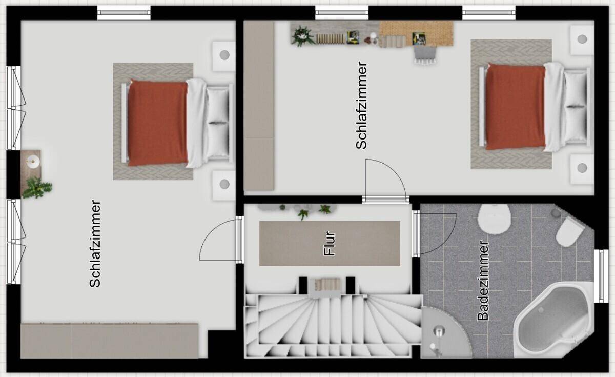 Grundriss des Obergeschosses mit drei Schlafzimmern und einem Badezimmer mit Badewanne und Dusche.