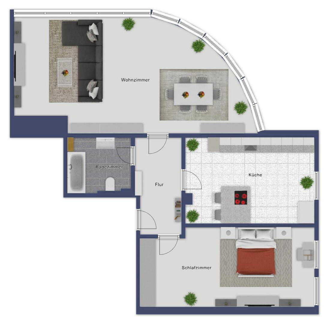 Detaillierter Grundriss der Wohnung mit Wohnzimmer, Küche, Schlafzimmer und Badezimmer.