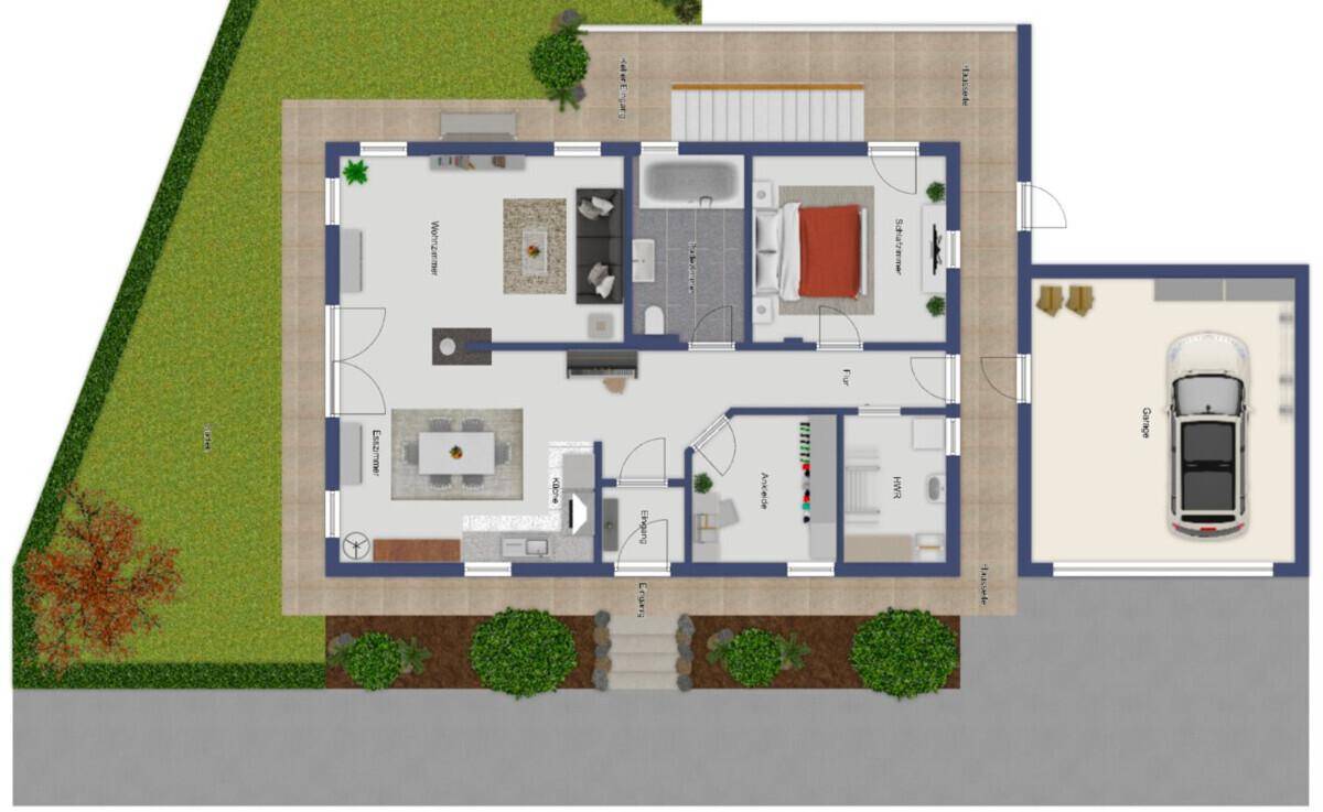 Detaillierter Grundriss eines Einfamilienhauses mit offenem Wohnbereich, Garage und Garten.