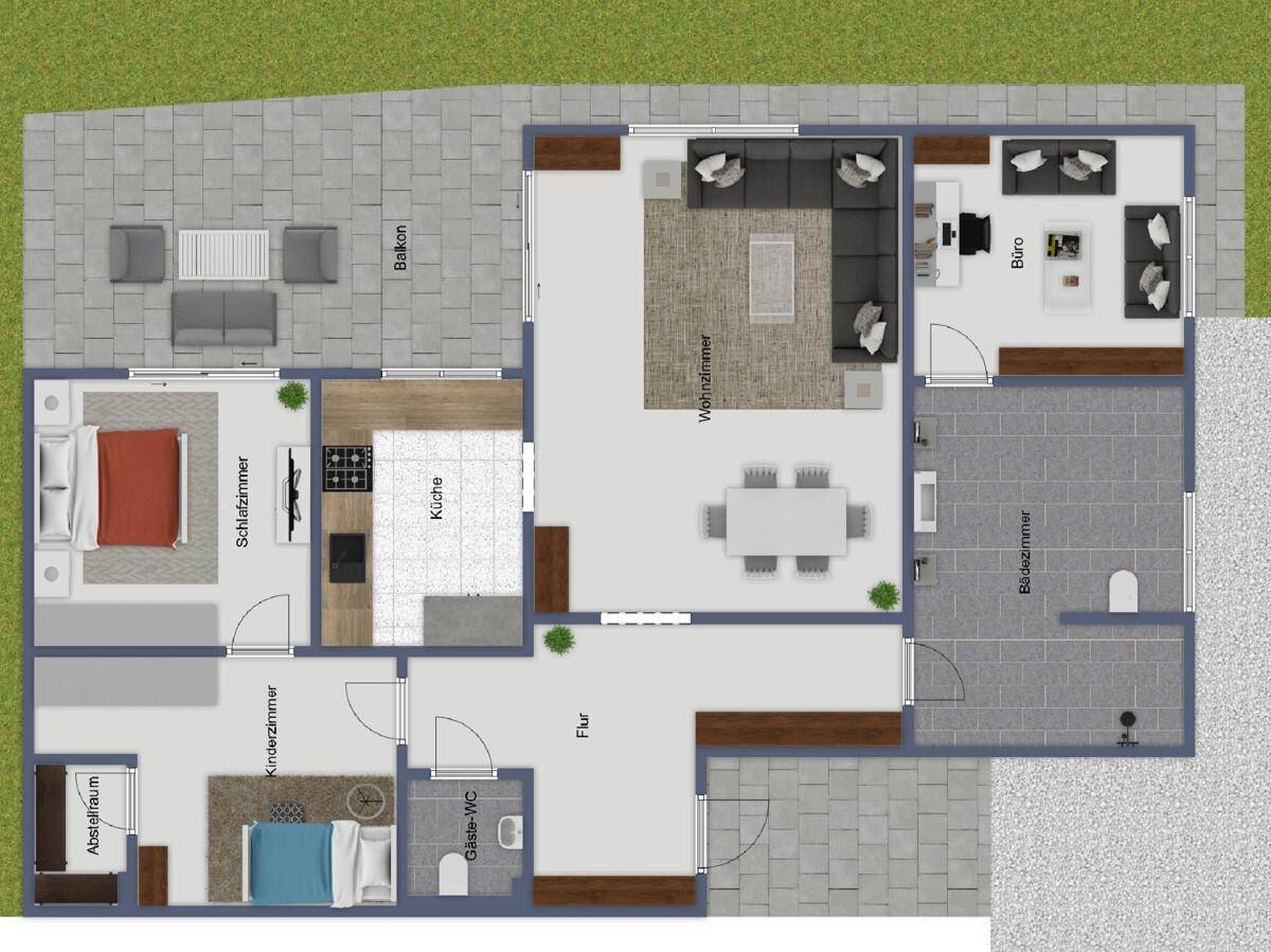 Grundriss einer Wohnung mit Balkon, Terrasse, Wohnzimmer, Küche und Schlafzimmern.