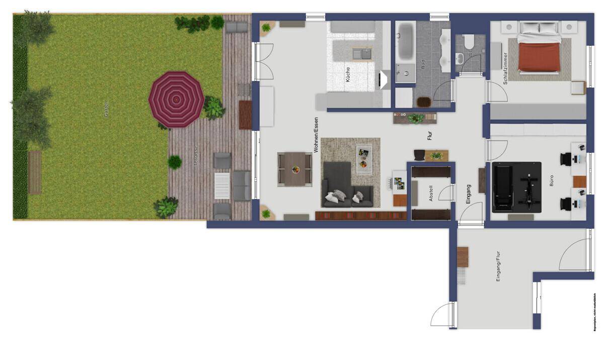 Grundriss der Erdgeschosswohnung mit Garten, Terrasse, Wohn-Essbereich und drei Zimmern.