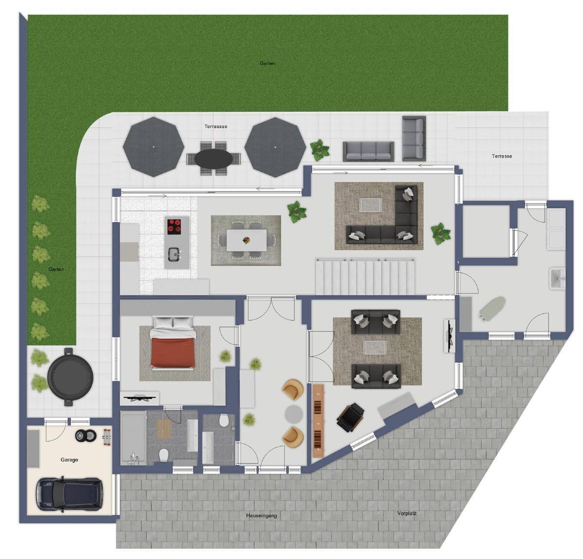 Detaillierter Grundriss des Erdgeschosses mit Terrasse, Garten und Garage.