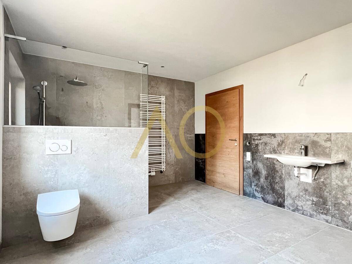 Geräumiges Badezimmer mit begehbarer Dusche, Wand-WC und modernem Waschtisch.