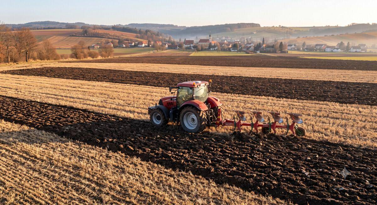 Ein roter Traktor pflügt ein Feld, das dunkle Erde neben einem helleren, abgeernteten Bereich freilegt.