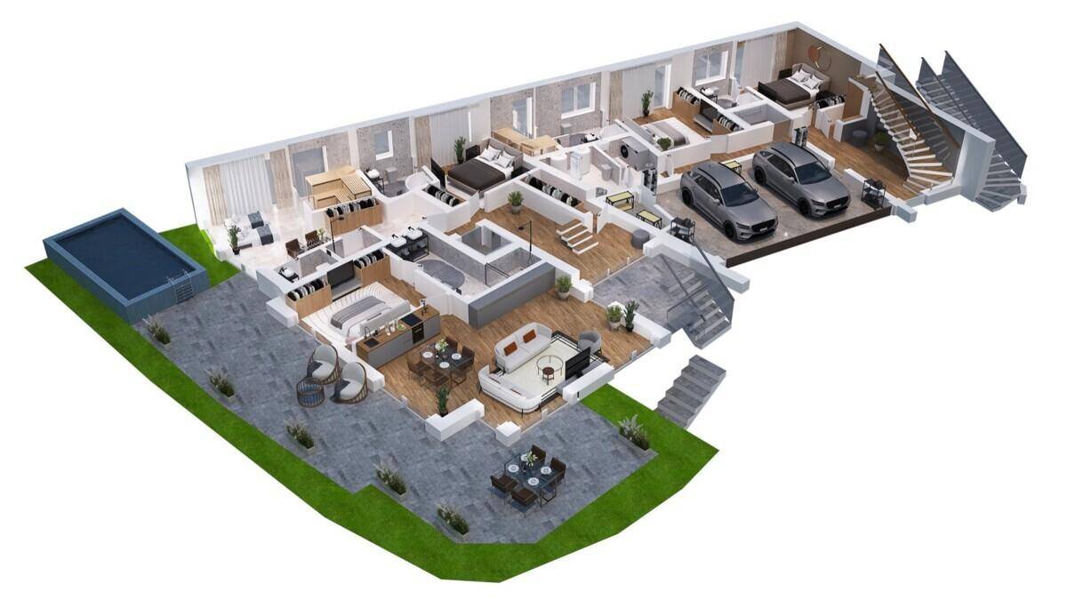 Detaillierter 3D-Grundriss mit offener Raumaufteilung, mehreren Schlafzimmern, Pool und Garage.