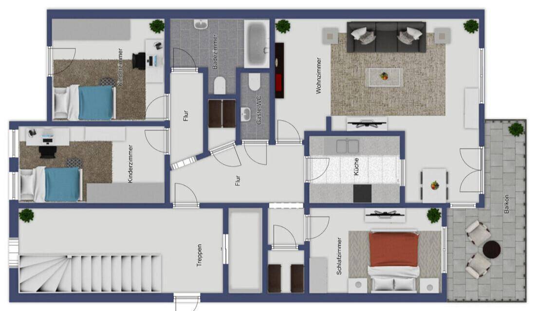 Detaillierter Grundriss einer Wohnung mit drei Schlafzimmern, offenem Wohnbereich und Balkon.