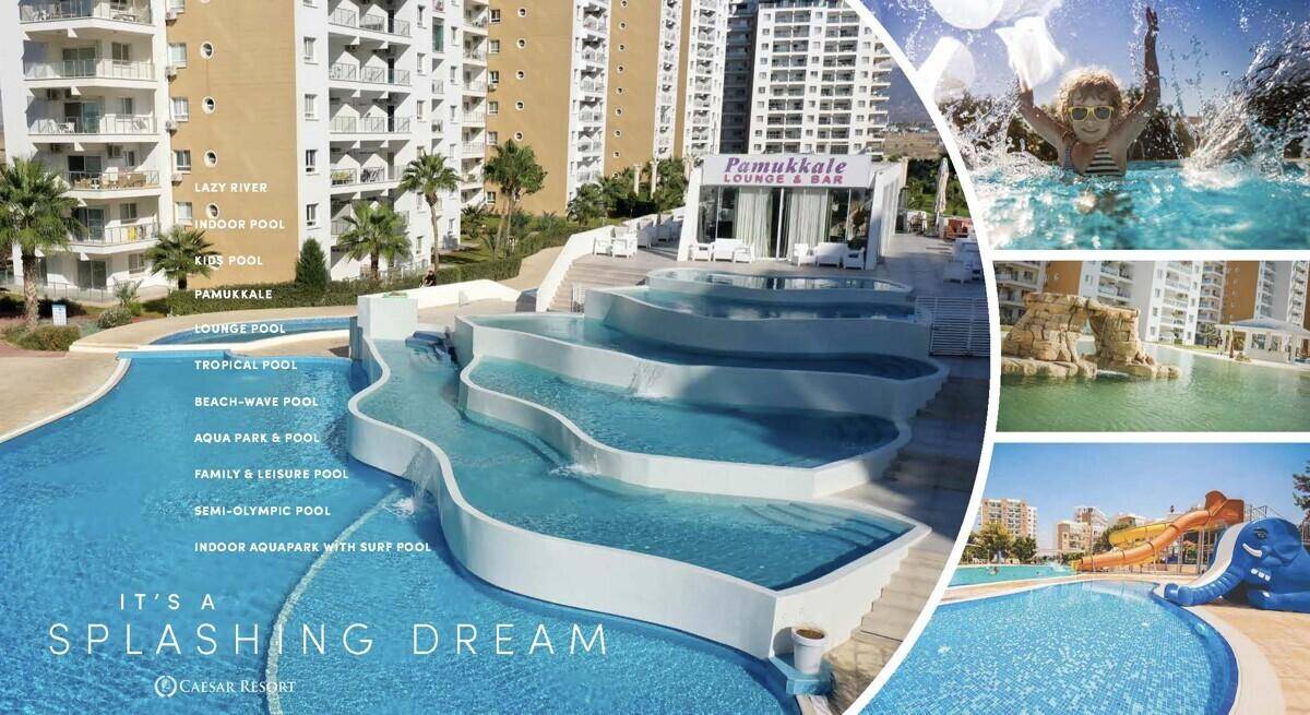 Große Wasserpark-Anlage mit mehreren Pools, Rutschen und Wasserfällen, umgeben von Apartmentgebäuden.