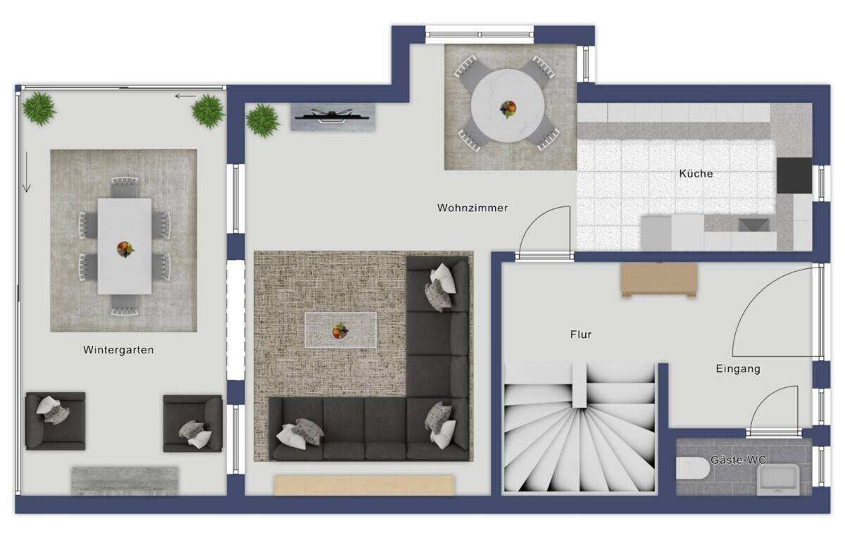 Grundriss des Erdgeschosses mit Wohnzimmer, Küche, Wintergarten und Gäste-WC.