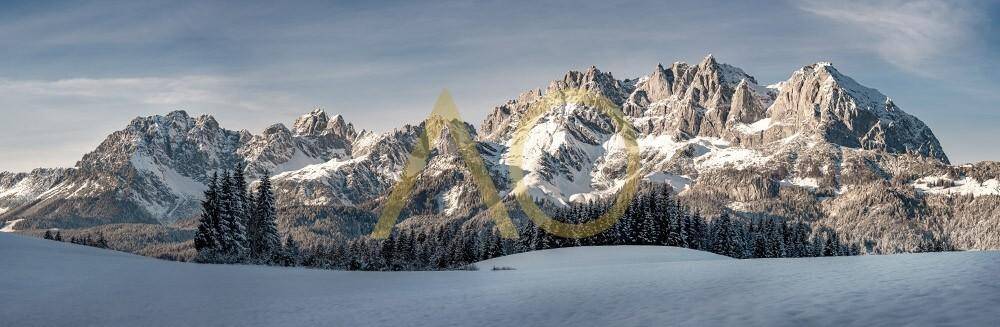 Beeindruckendes Panorama der schneebedeckten Alpen mit majestätischen Gipfeln und Nadelwäldern.