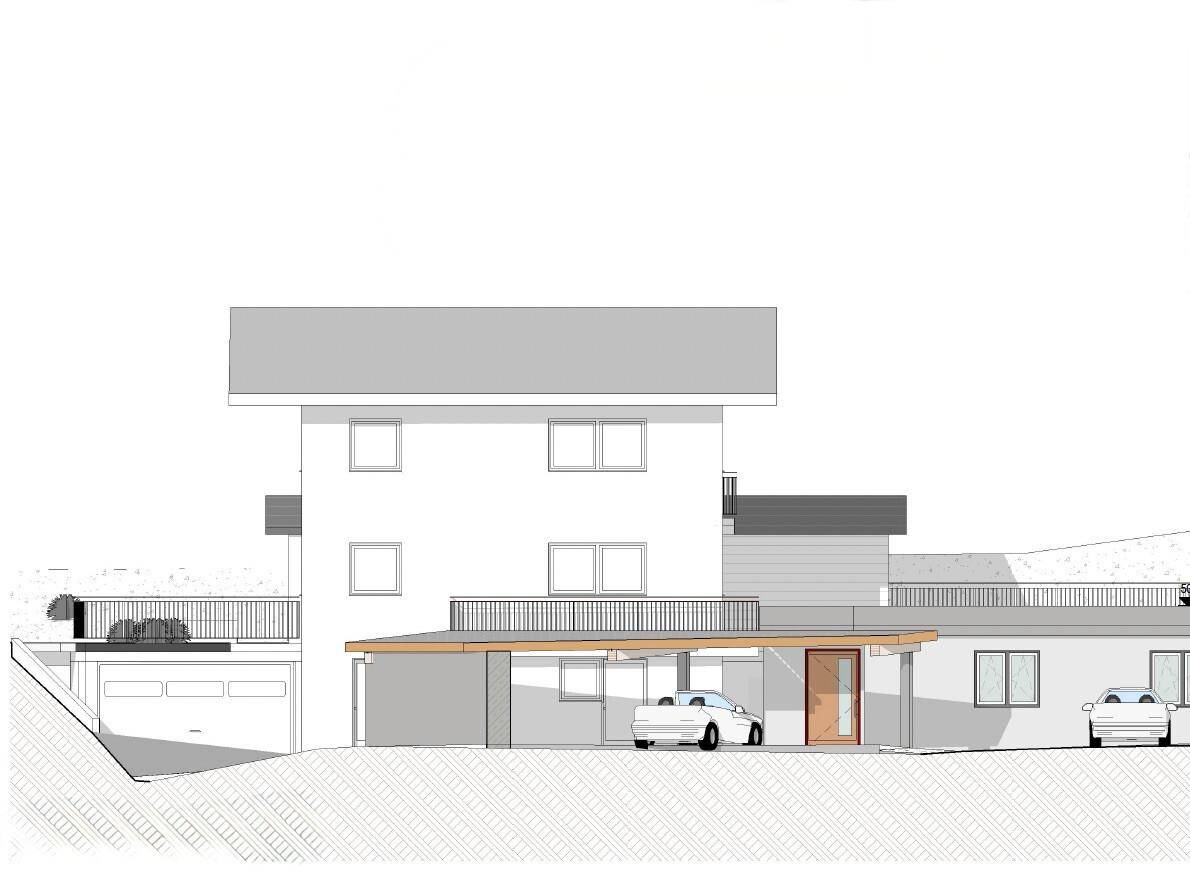 Vorderansicht des Gebäudes mit Carport, Eingangsbereich und weiteren Parkmöglichkeiten.