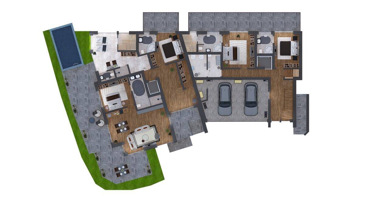 Detaillierter 2D-Grundriss mit Möblierung, offenem Wohnbereich, Pool und integrierter Garage.