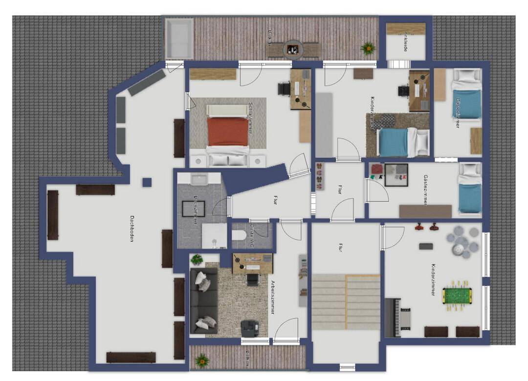 Grundriss des Obergeschosses mit mehreren Schlafzimmern, Bädern und einem großen Dachbalkon.