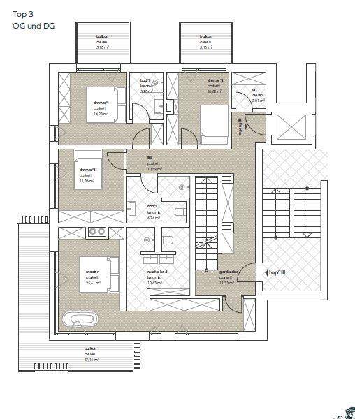 Grundriss der unteren Etage mit mehreren Schlafzimmern, Bädern und Balkonen.