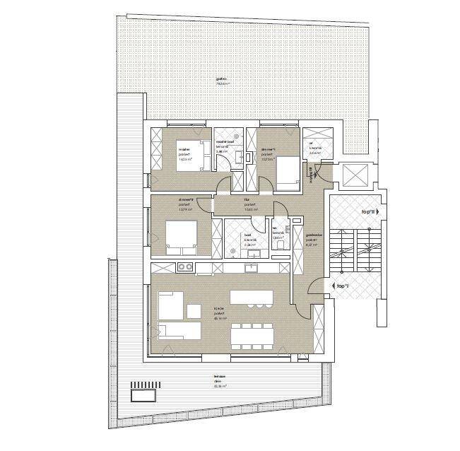 Grundriss einer Wohnung mit mehreren Schlafzimmern, offenem Wohnbereich und großzügigen Terrassen.