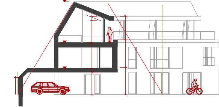 Architektonischer Schnittplan des Gebäudes mit verschiedenen Ebenen und markanter Dachneigung.