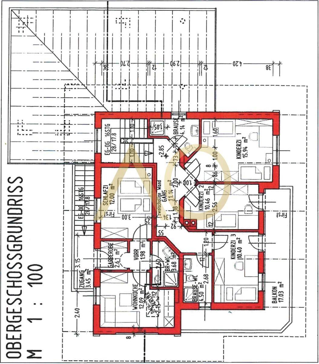 Grundriss des Obergeschosses mit mehreren Kinderzimmern, Schlafzimmer, Bad und Balkon.