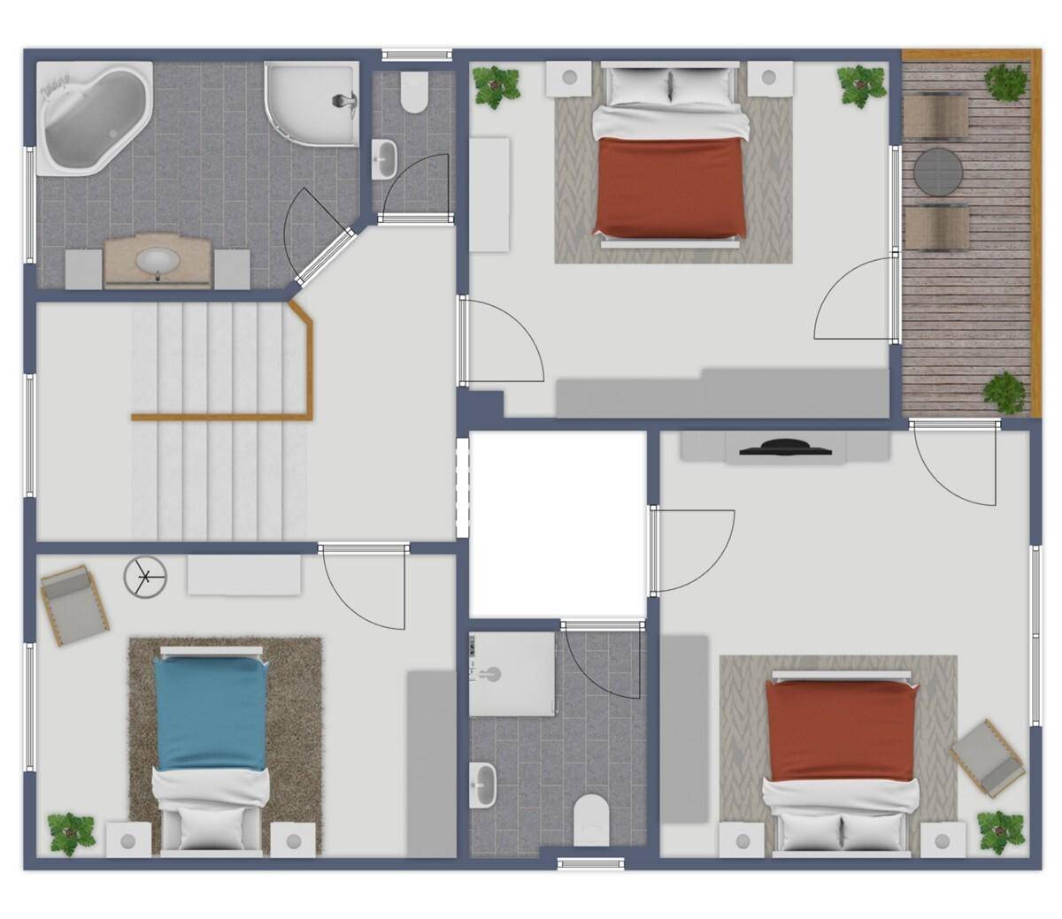 Grundriss des Obergeschosses mit drei Schlafzimmern, zwei Bädern und einem Balkon.