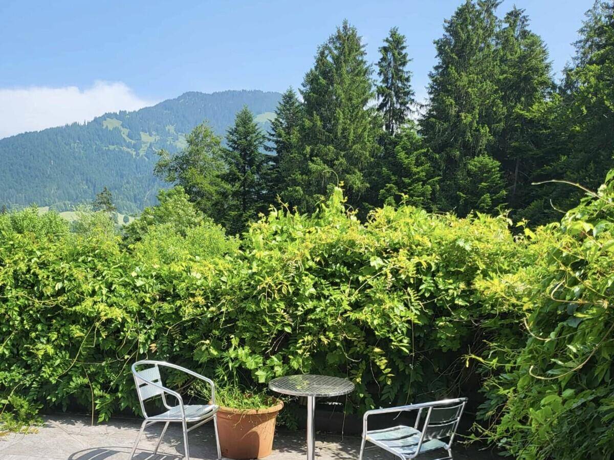 Sonnige Terrasse mit Gartenmöbeln, umgeben von üppigem Grün und mit weitem Blick auf die Berge.