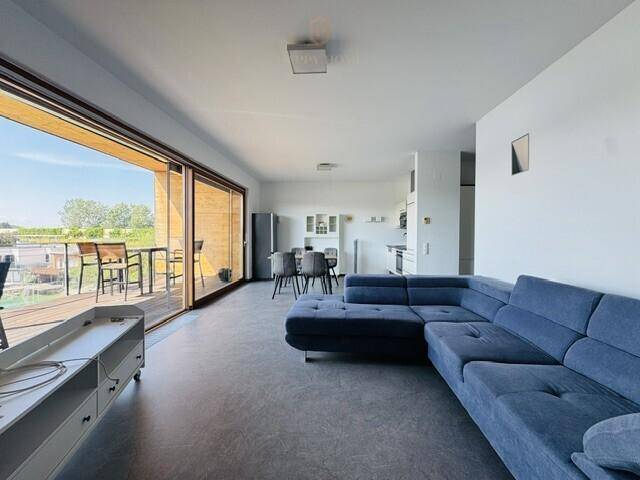 Geräumiger offener Wohn-Essbereich mit blauer Couch und Zugang zur Terrasse mit Seeblick.