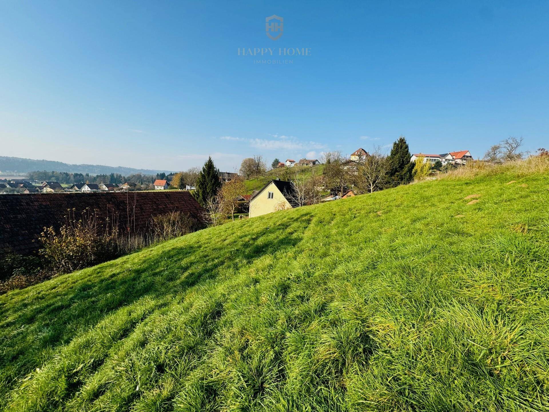 Weitläufige grüne Wiesenfläche mit Blick auf die umliegende ländliche Bebauung.