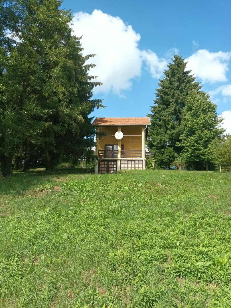 Freistehendes gelbes Haus umgeben von hohen Bäumen auf einer weiten Wiese.
