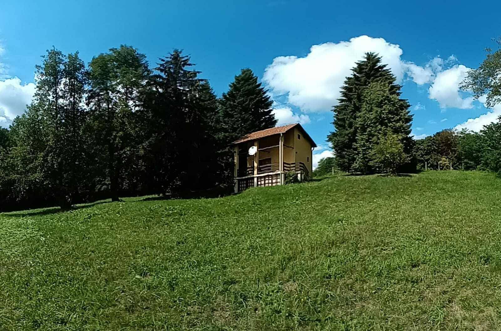 Panoramablick auf das gelbe Haus, eingebettet in eine grüne Landschaft mit Bäumen.