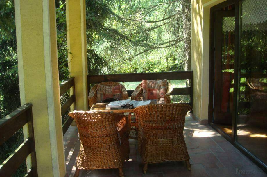 Gemütlicher Balkon mit Korbsitzgruppe, umgeben von Bäumen und viel Grün.