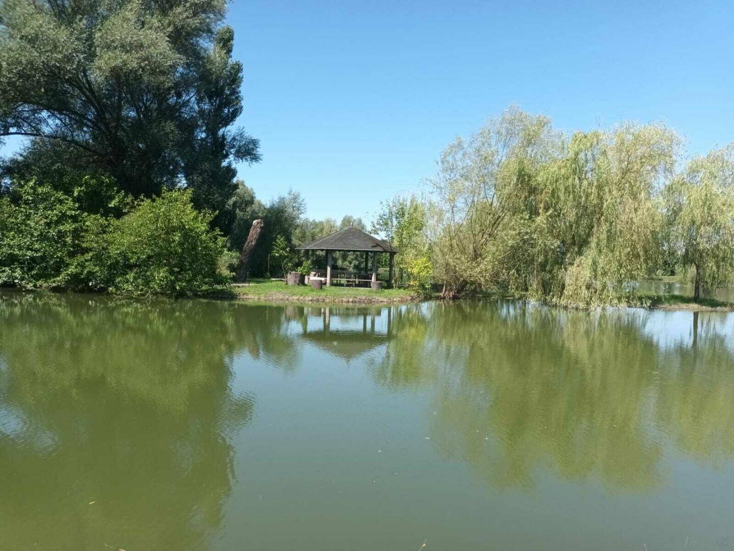 Malerischer See mit einem hölzernen Pavillon am Ufer, umgeben von üppiger Vegetation und Bäumen.