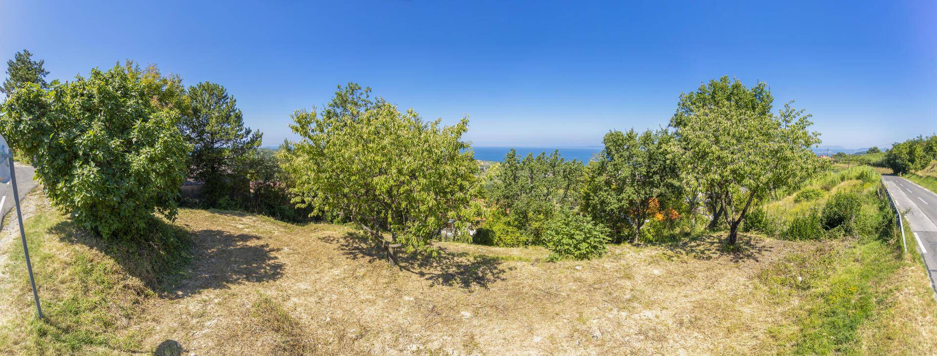 Panoramablick über das Grundstück mit Bäumen und dem Meer in der Ferne unter blauem Himmel.