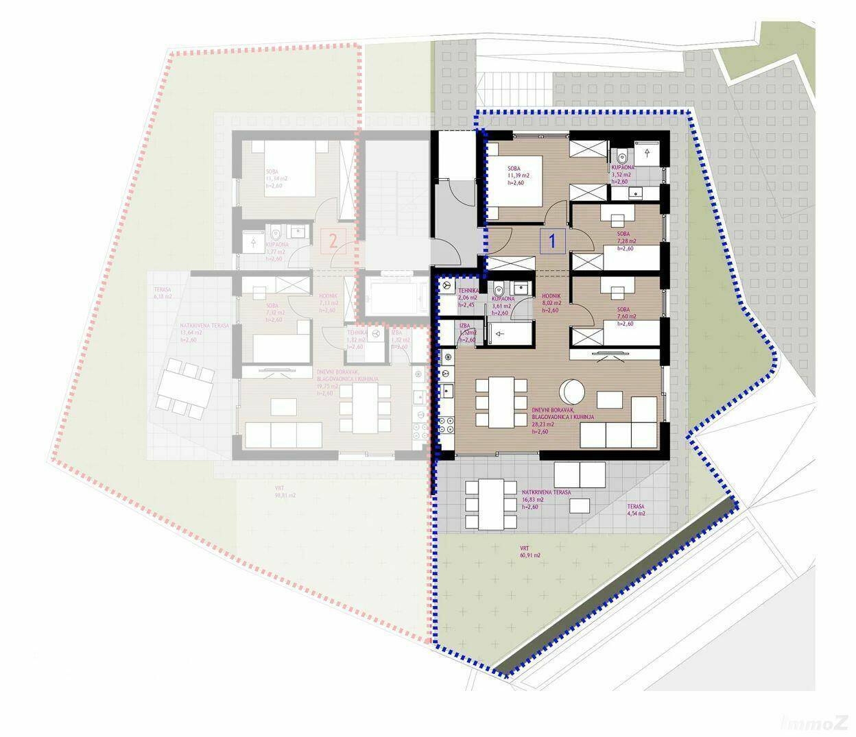 Grundriss einer modernen Wohnung mit offenem Wohnbereich, großer Terrasse und privatem Garten.