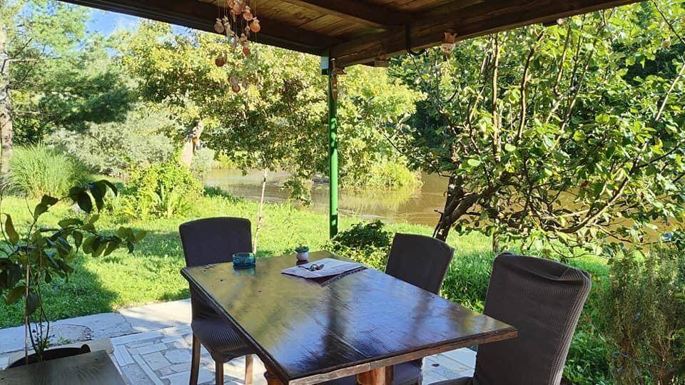 Überdachter Essbereich im Freien mit Holztisch und Stühlen, umgeben von Natur.