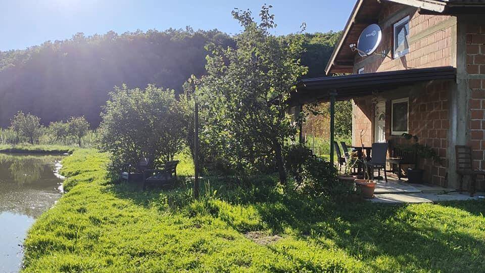 Überdachte Terrasse am Haus mit Blick auf den Teich und die grüne Landschaft.