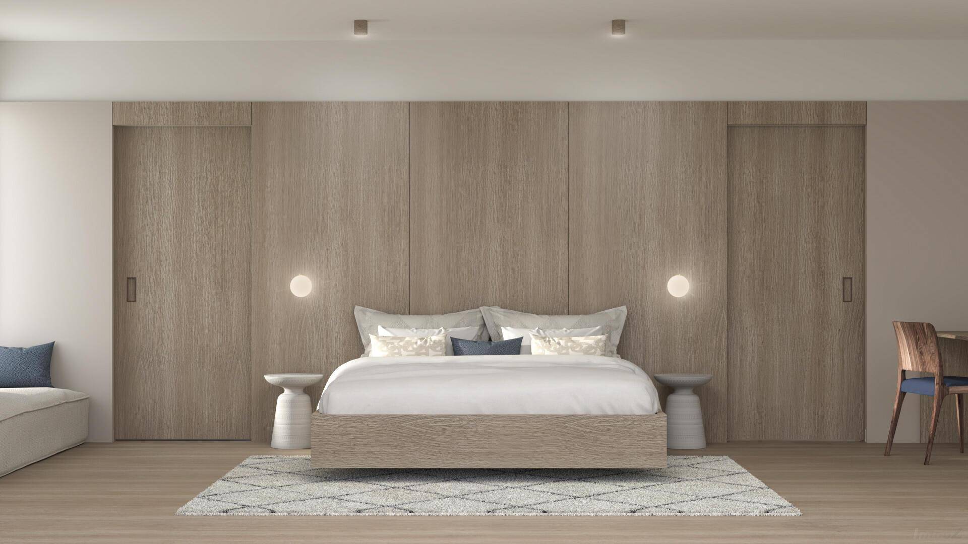 Modernes Schlafzimmer mit Holzwandverkleidung, integrierten Schränken und minimalistischem Design.