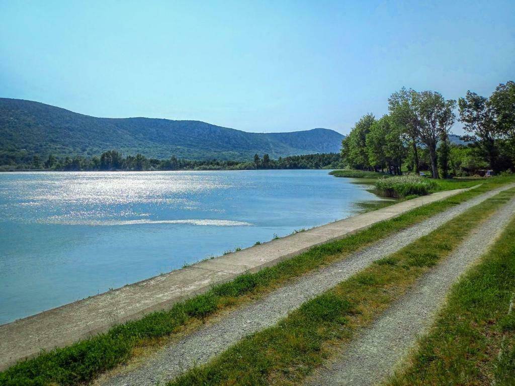 Ruhiger See mit glitzernder Wasseroberfläche, umgeben von üppiger grüner Vegetation und sanften Hügeln.