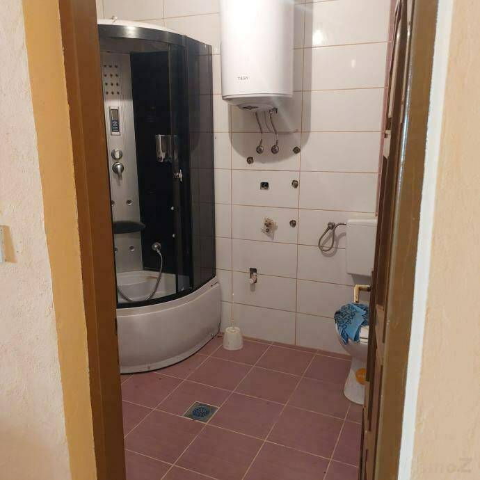 Badezimmer mit Duschkabine, WC und rosa Fliesen, jedoch ohne Waschbecken.