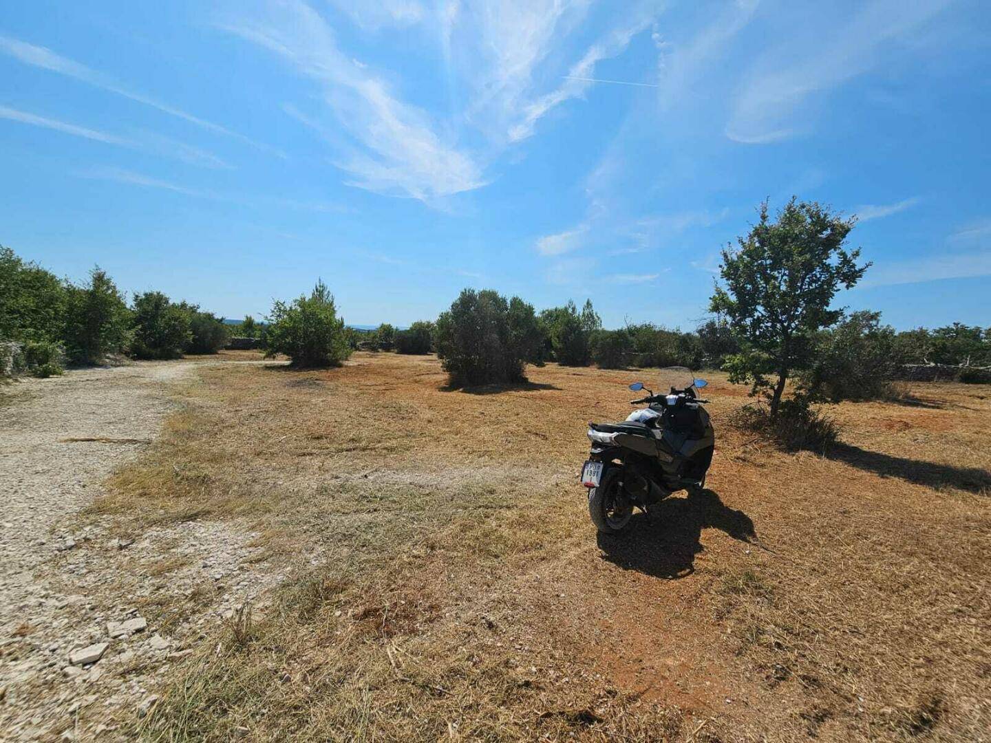 Weitläufiges, trockenes Feld mit vereinzelten Bäumen und einem Motorrad im Vordergrund unter einem strahlend blauen Himmel.