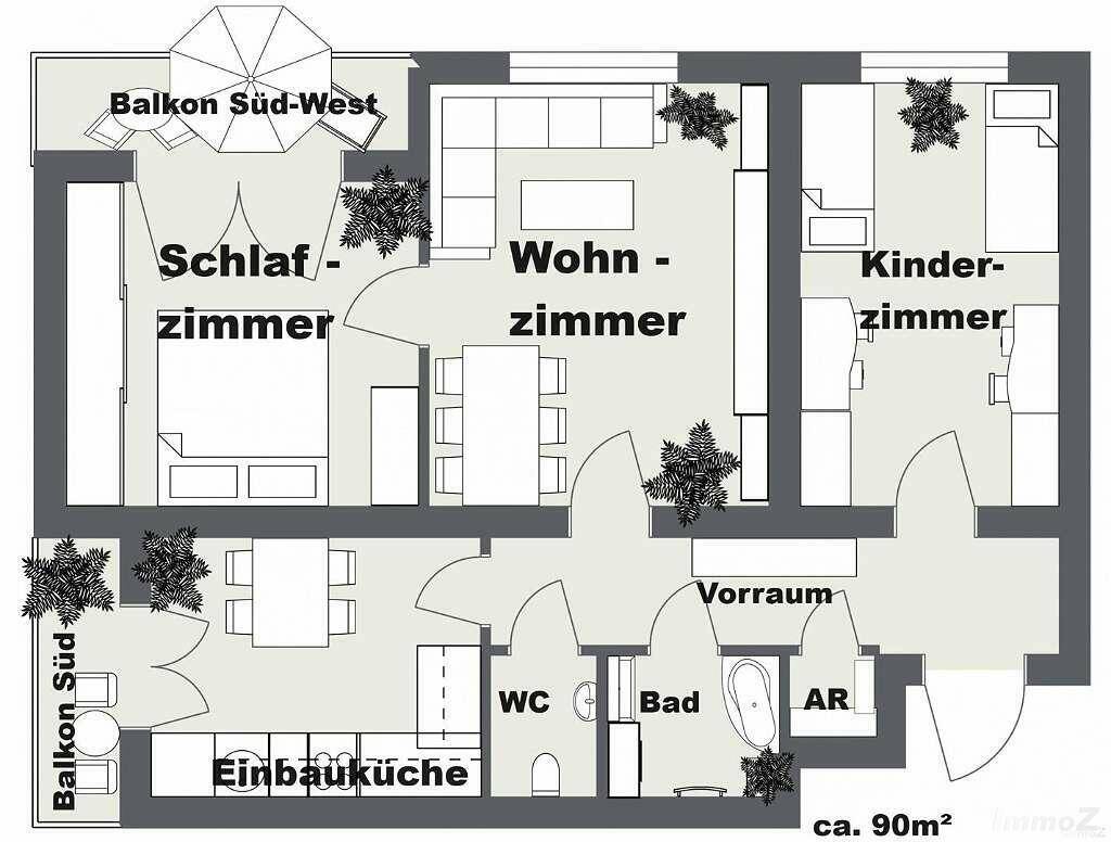 Aufteilung - Küche mit Essbereich + 3 sehr große Zimmer