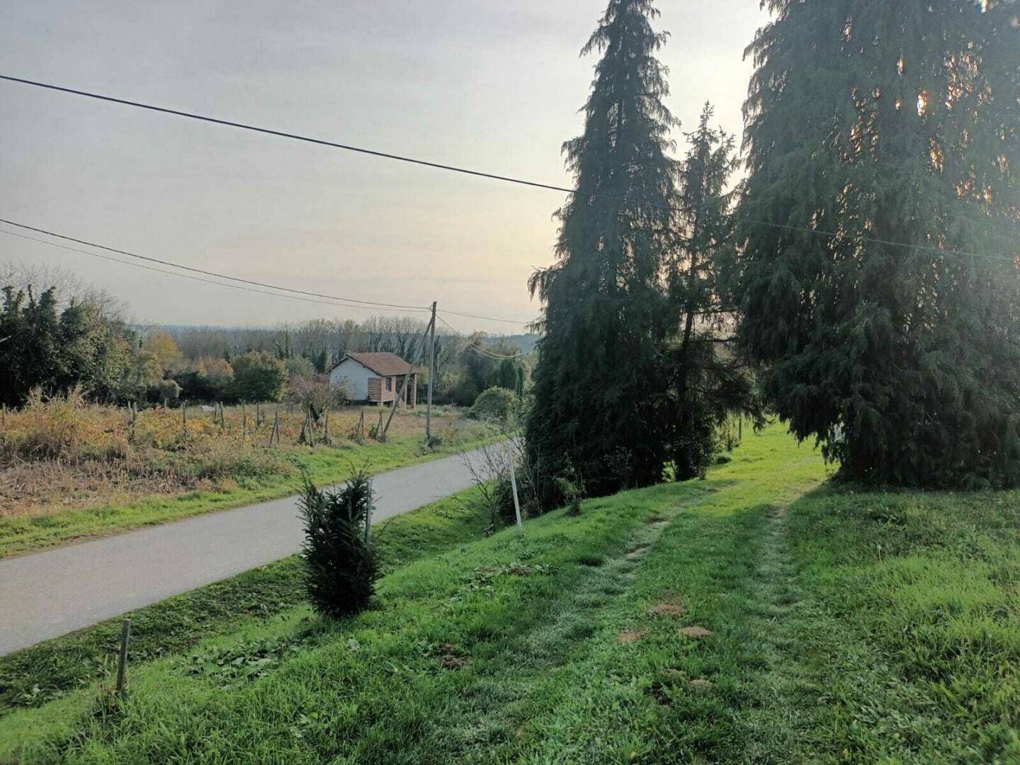 Ländliche Umgebung mit einer Straße, grünen Hügeln und einem Haus in der Ferne.