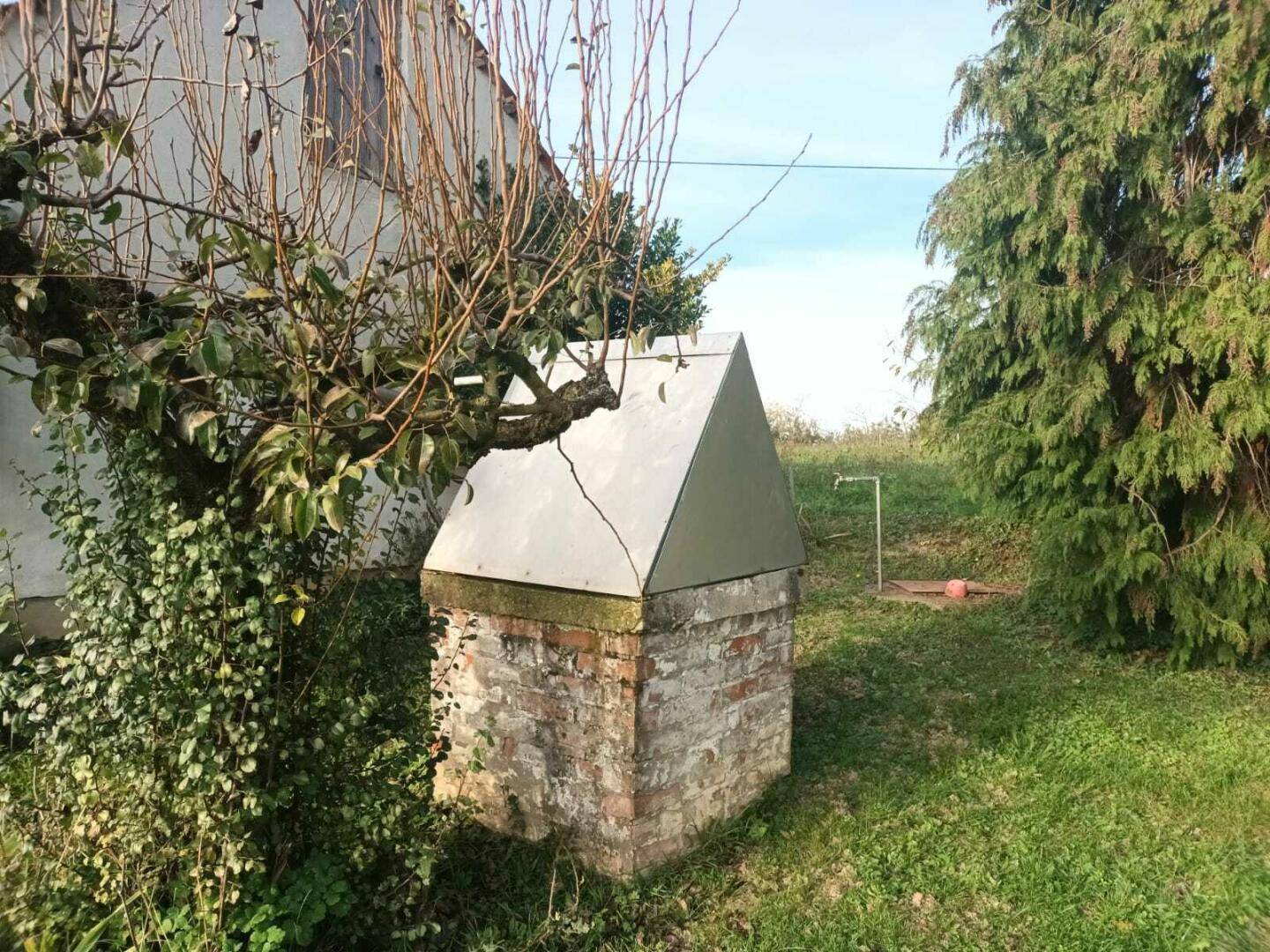 Alter gemauerter Brunnen mit Metallabdeckung in einem grünen Gartenbereich.