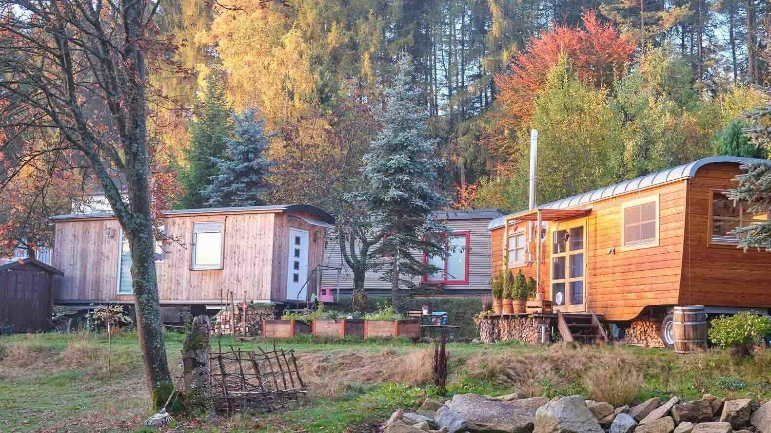 Mehrere kleine Holzhütten oder Tiny Houses in einem Waldgebiet mit herbstlicher Laubfärbung.